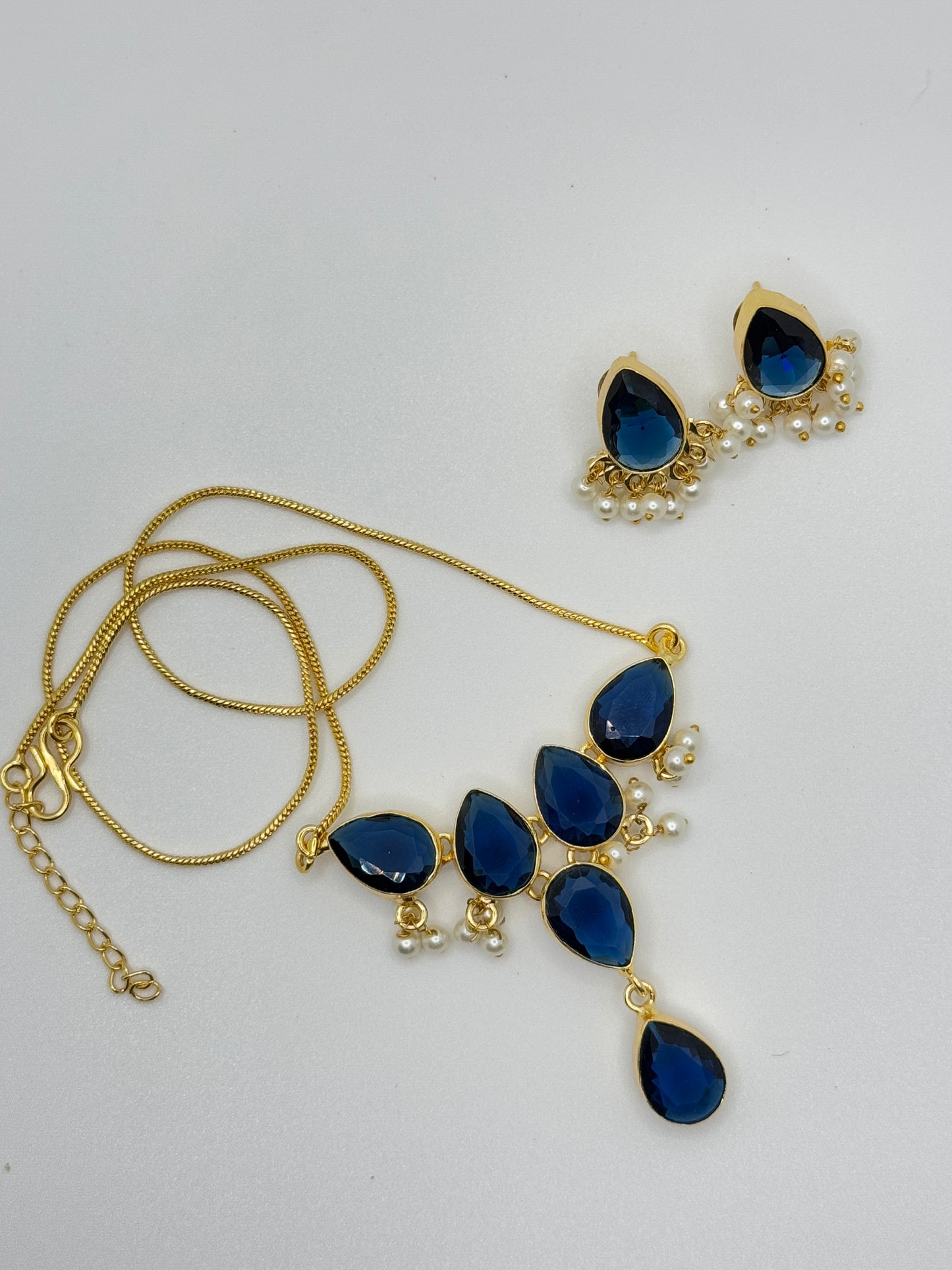 Deep Blue Teardrop Stone Necklace and Earring Set with Pearl Accents