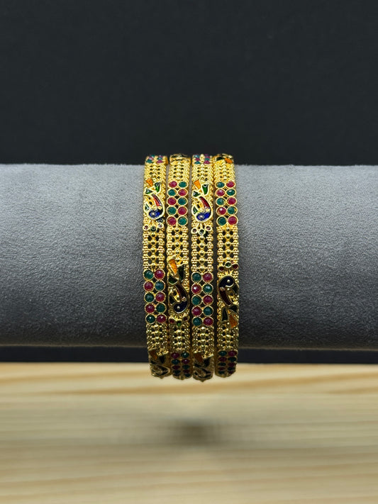 Traditional Gold Plated Bangle Set with Enamel Work (Set of 4) 2*8