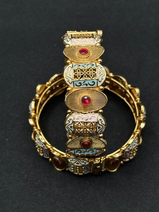 Antique Gold-Plated Meenakari Kada Bangles with Red Stones 2*6
