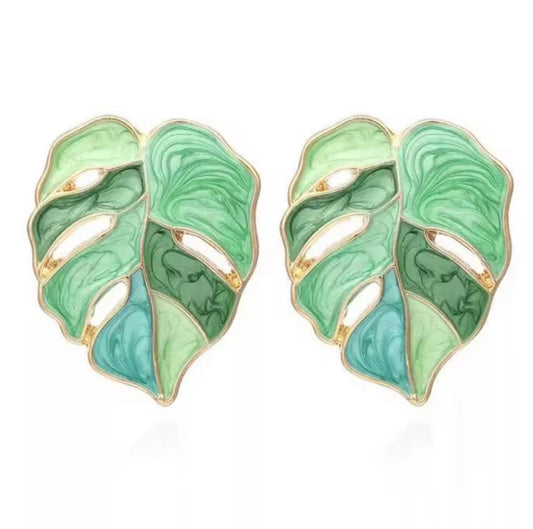 Green Monstera Leaf Earrings