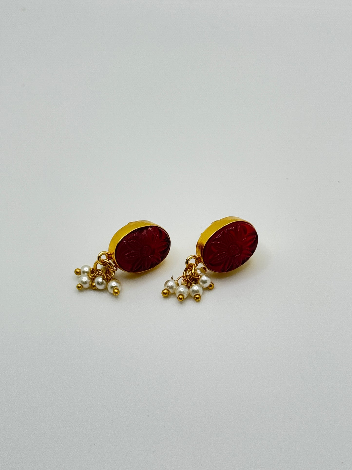 Gold Carved Red Gemstone Drop Earrings with Pearls