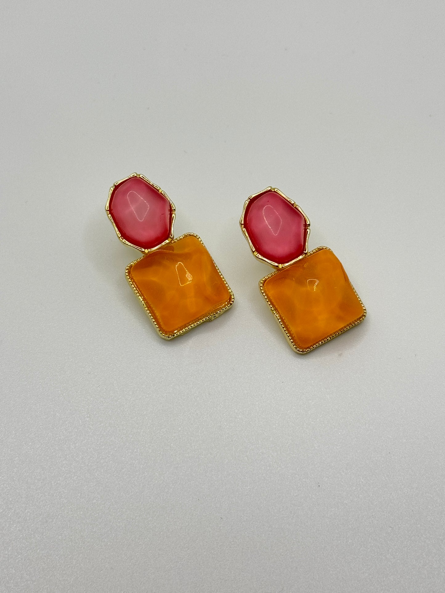 Gold-Toned Dual Stone Drop Earrings - Pink & Amber