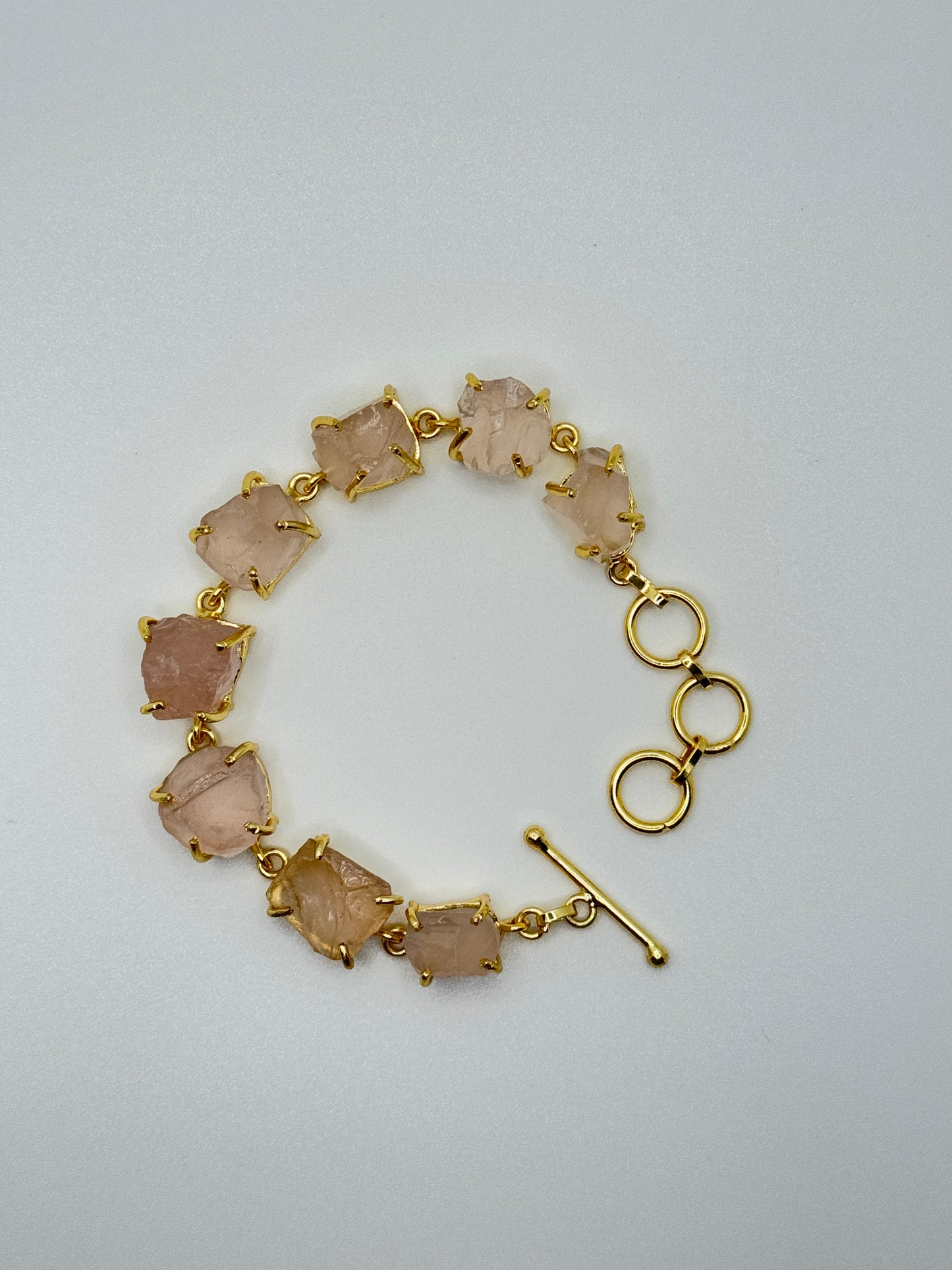 Pink Raw Rose Quartz Stone Gold Bracelet with Toggle Clasp