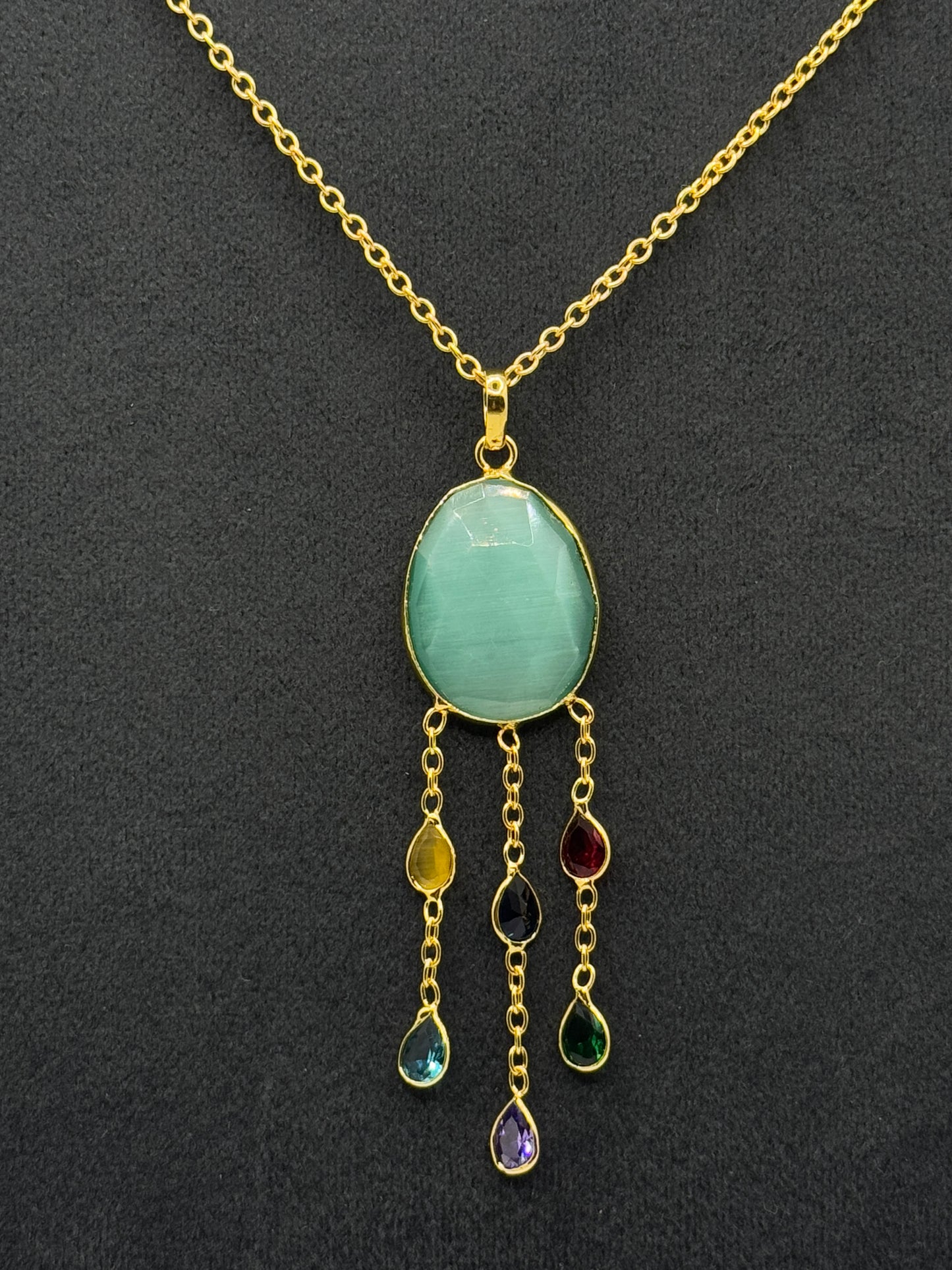 Gold Dreamcatcher-Style Necklace with Green Cat's Eye Stone and Multicolor Gemstone Drops