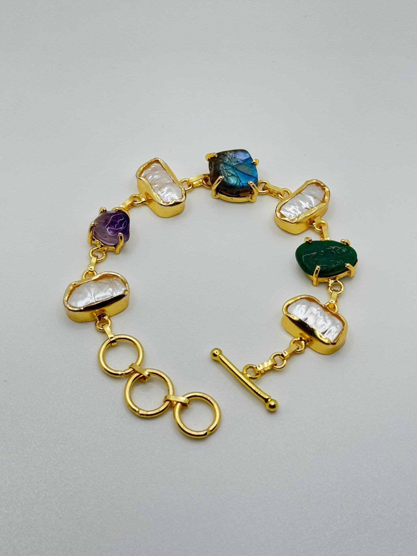 Gold Link Bracelet with Mixed Gemstones and Pearls