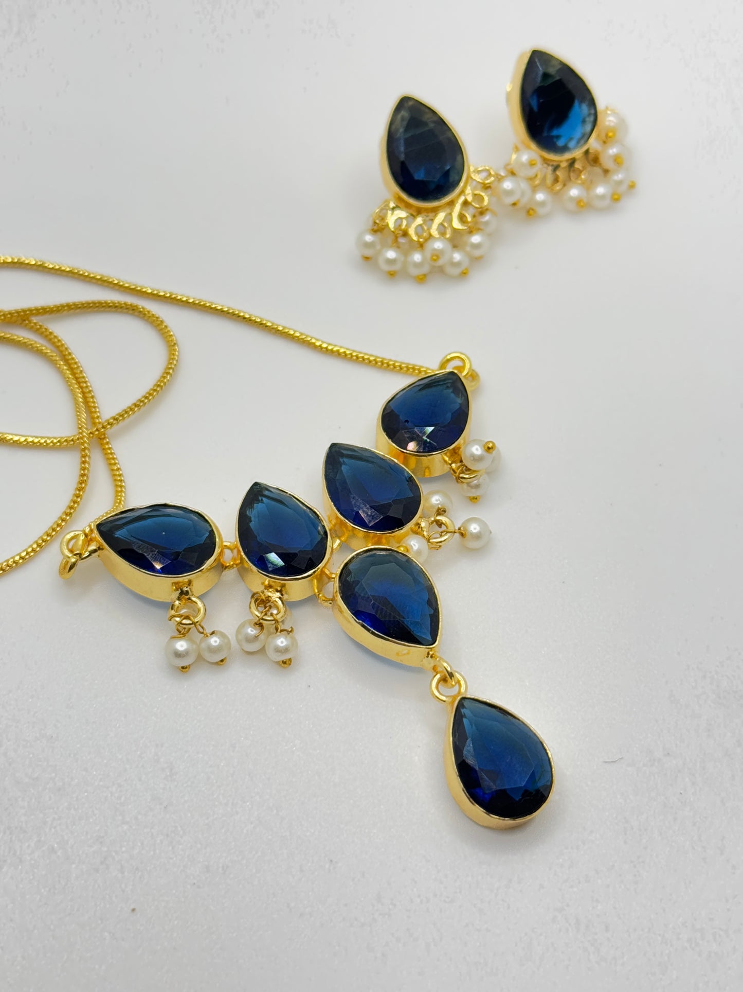 Deep Blue Teardrop Stone Necklace and Earring Set with Pearl Accents