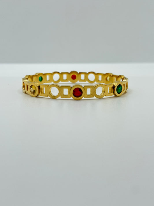 Gold Openwork Bangle with Colorful Round Stones