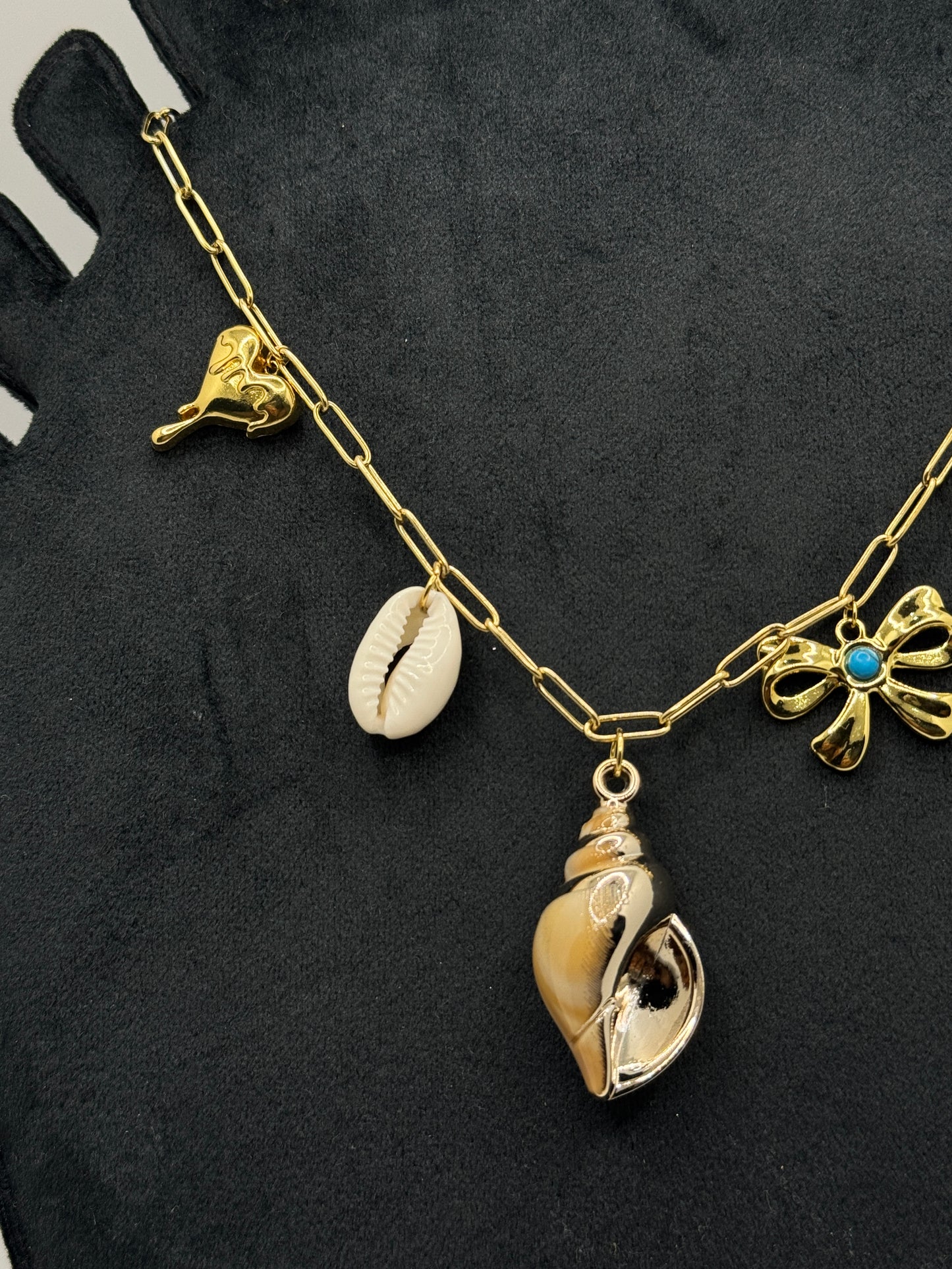 Gold-Tone Charm Link Necklace with Shells and Evil Eye