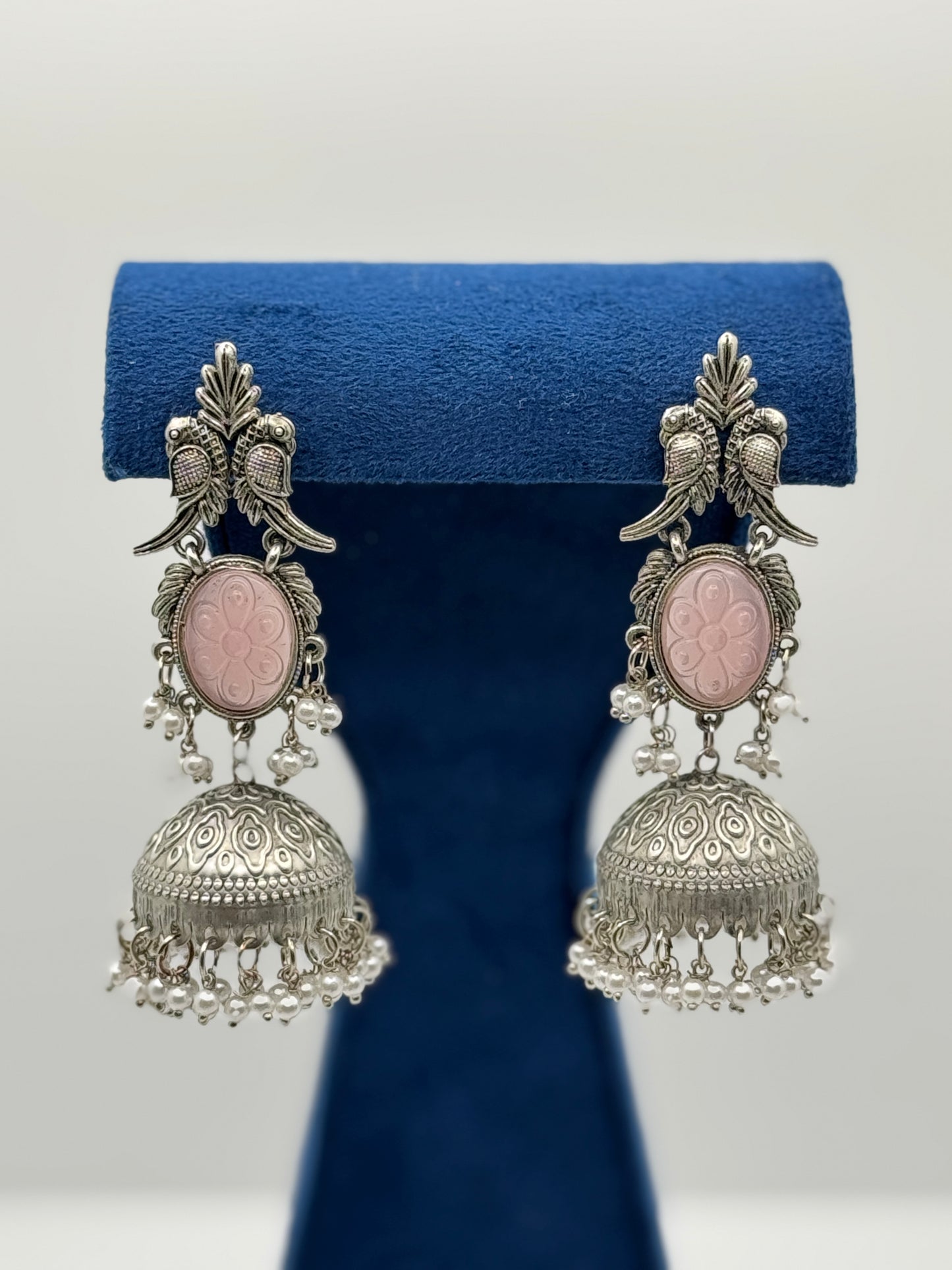 Pink Carved Stone Peacock Jhumkas