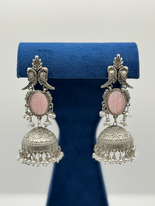 Pink Carved Stone Peacock Jhumkas