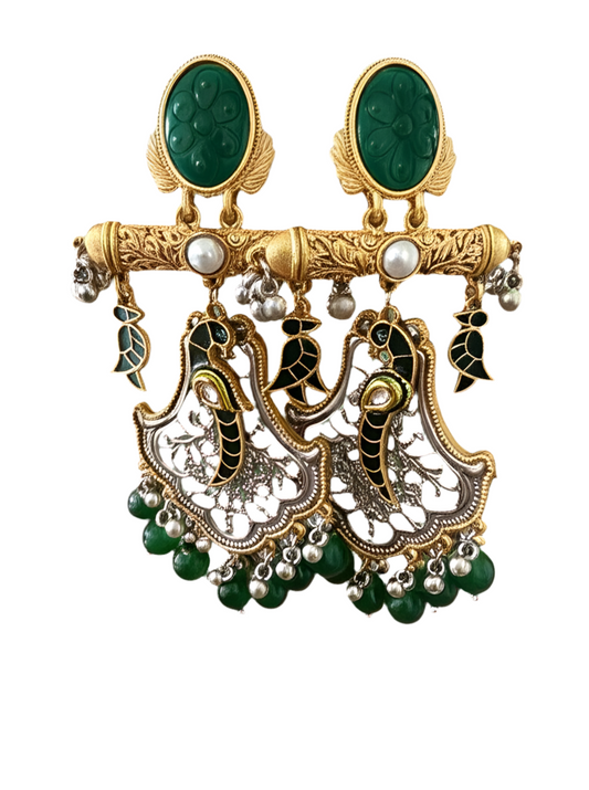 Mode Mania Traditional Green Color Enameled Kundan and Pearl Studded Jhumka Earrings