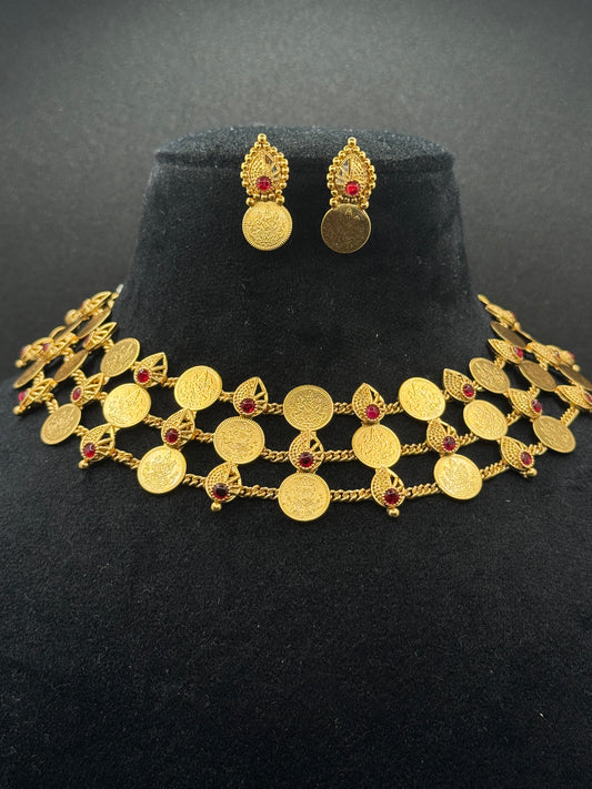 Dainty Gold Coin Choker Necklace Set with Ruby Accents