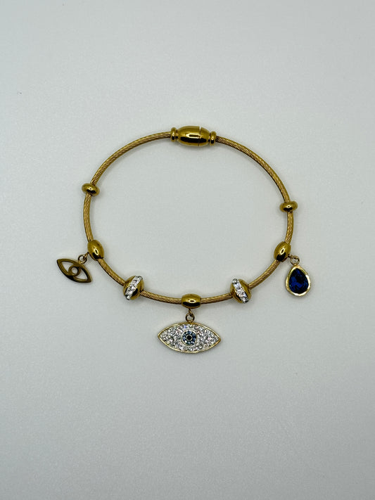 Gold Cable Bracelet with Evil Eye & Blue Drop Charms