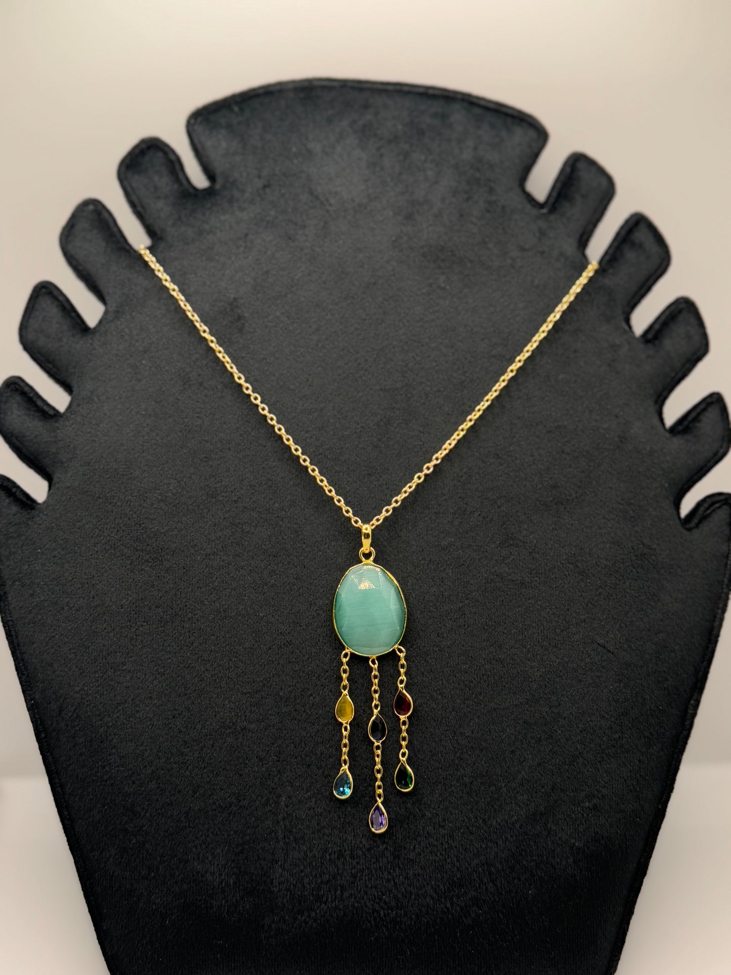 Gold Dreamcatcher-Style Necklace with Green Cat's Eye Stone and Multicolor Gemstone Drops