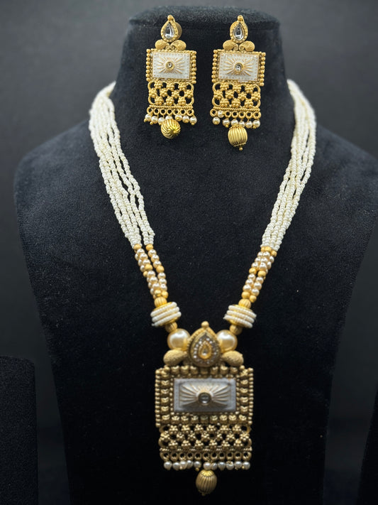 Elegant Matte Gold Rajwadi Temple Necklace Set with Pearl Strands