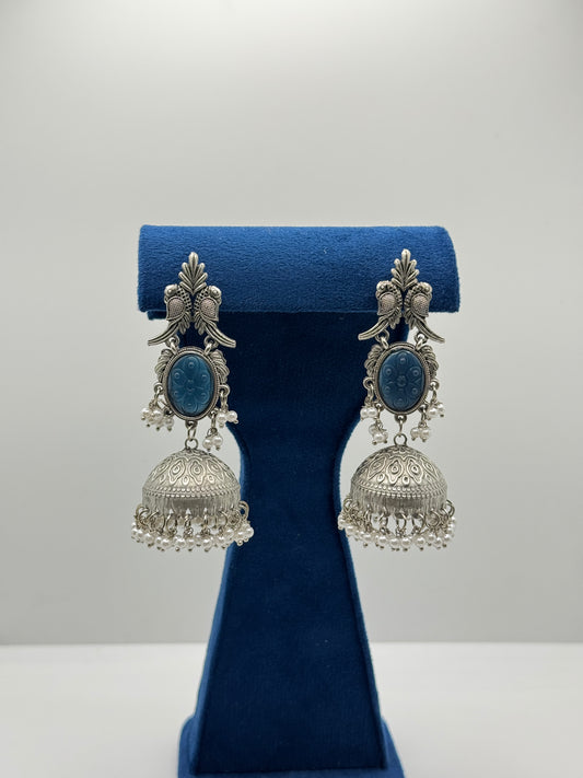 Deep Blue Carved Stone Peacock Jhumkas