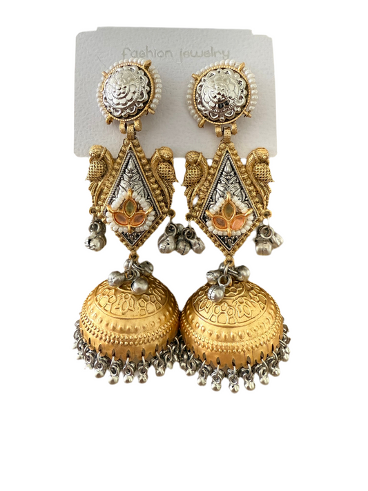 Exquisite Dual-Tone Traditional Jhumka Earrings with Peacock Motif - Peach stones