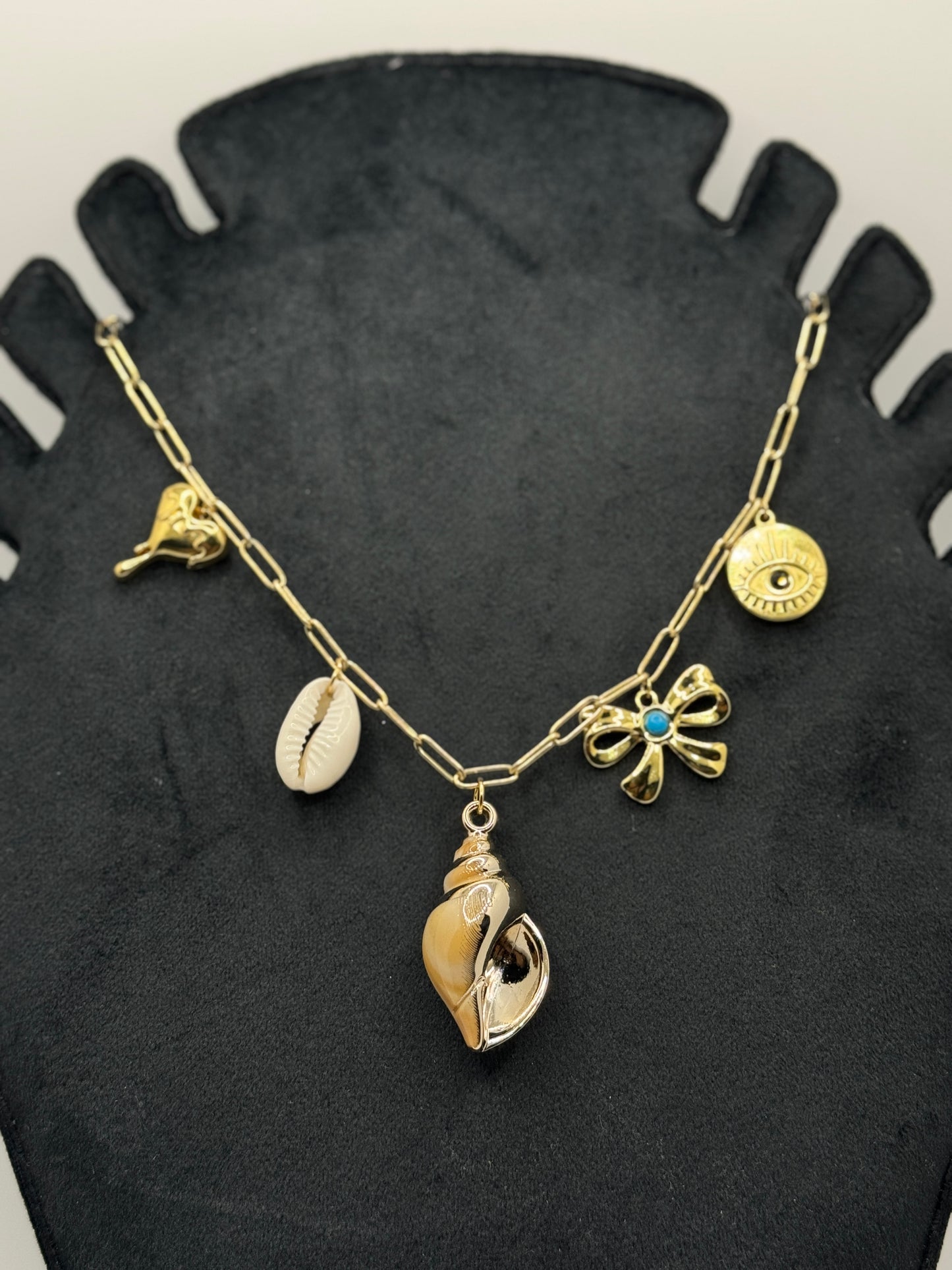 Gold-Tone Charm Link Necklace with Shells and Evil Eye