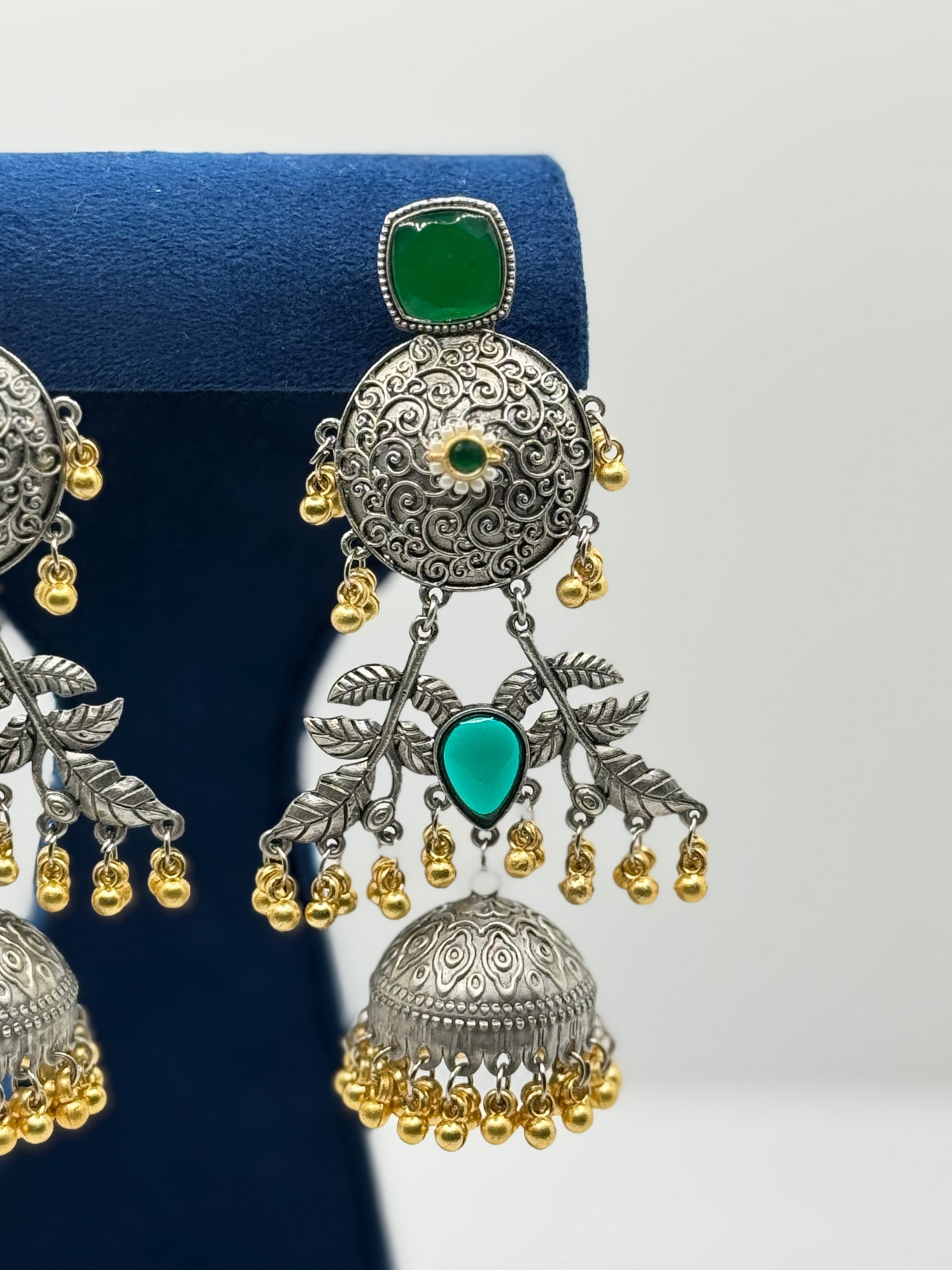 Emerald Green Stone Oxidised Leaf Motif Jhumkas