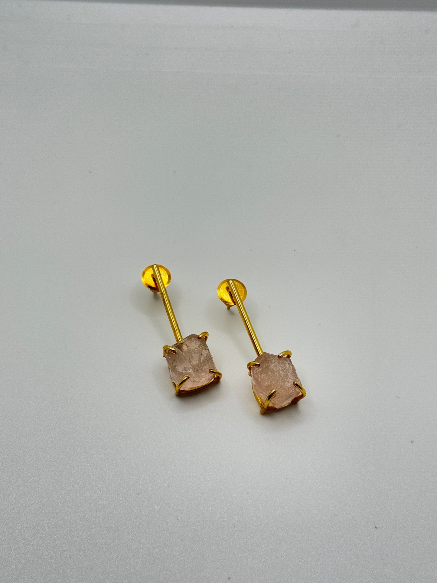 Raw Rose Quartz Stone Gold Drop Earrings