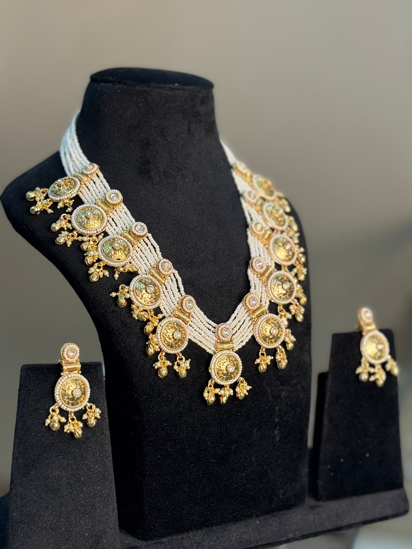 Elegant Pearl & Gold Plated Long Necklace Set with Coin