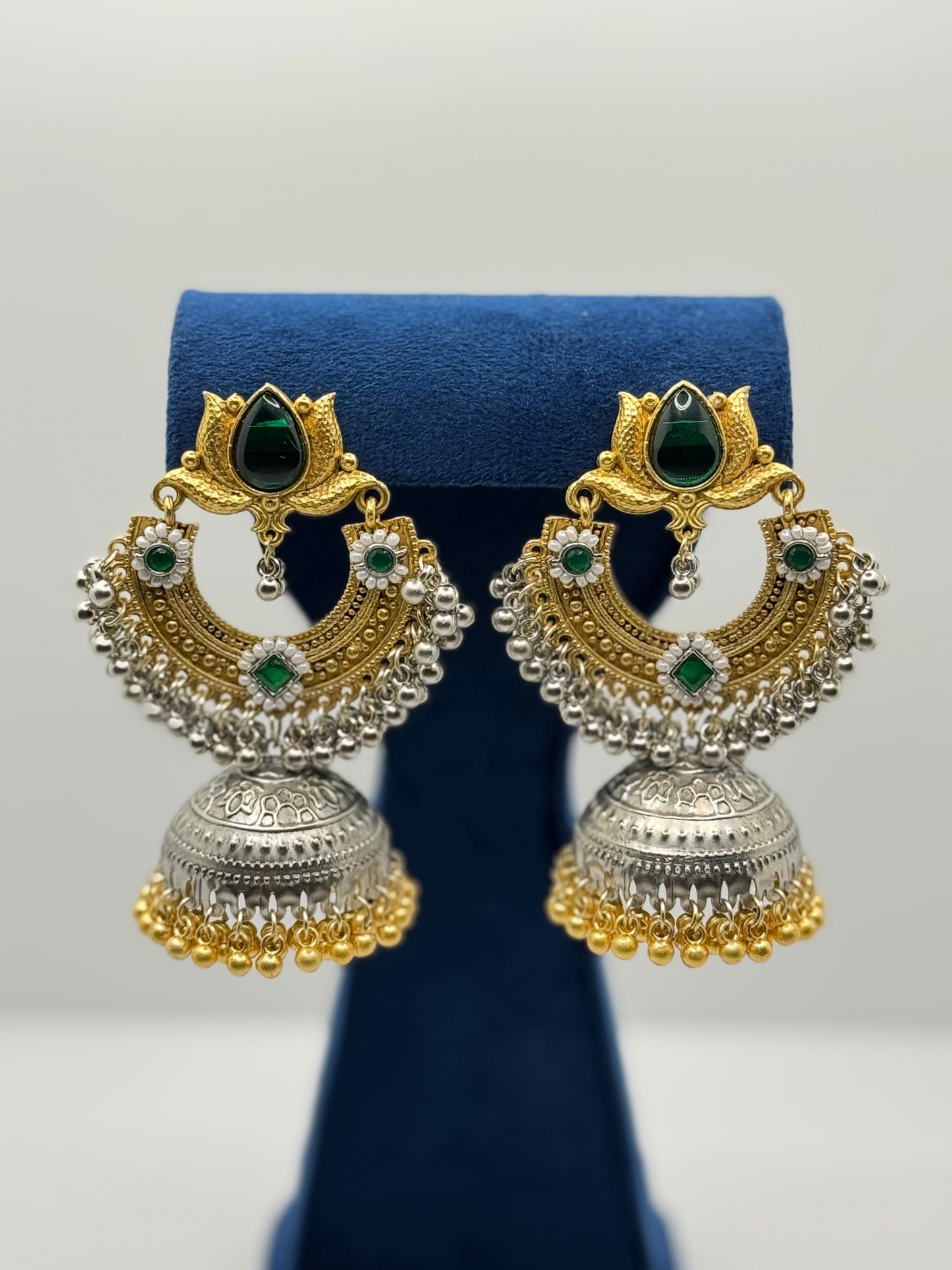 Emerald Green Stone Chandbali Jhumkas