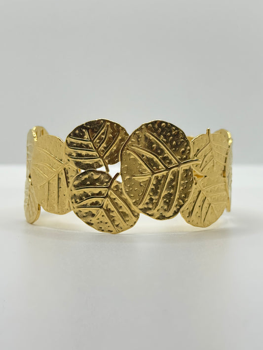 Delicate Leaf-Patterned Gold Cuff Bracelet
