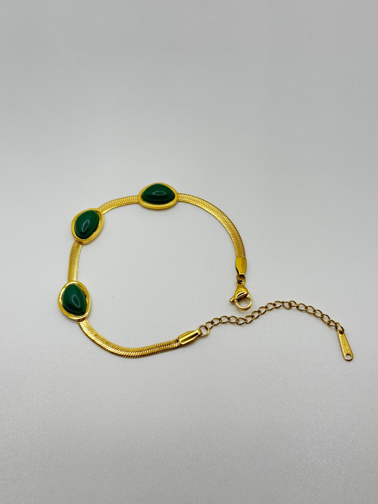 Gold Tone Snake Chain Bracelet with Green Cabochons
