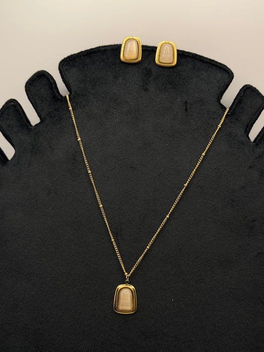 Gold Tone Pendant and Stud Earring Set with Ivory Inlay