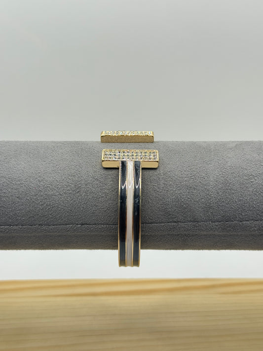 Gold Cuff with Black, White, and Gold Enamel Stripes and Rhinestones