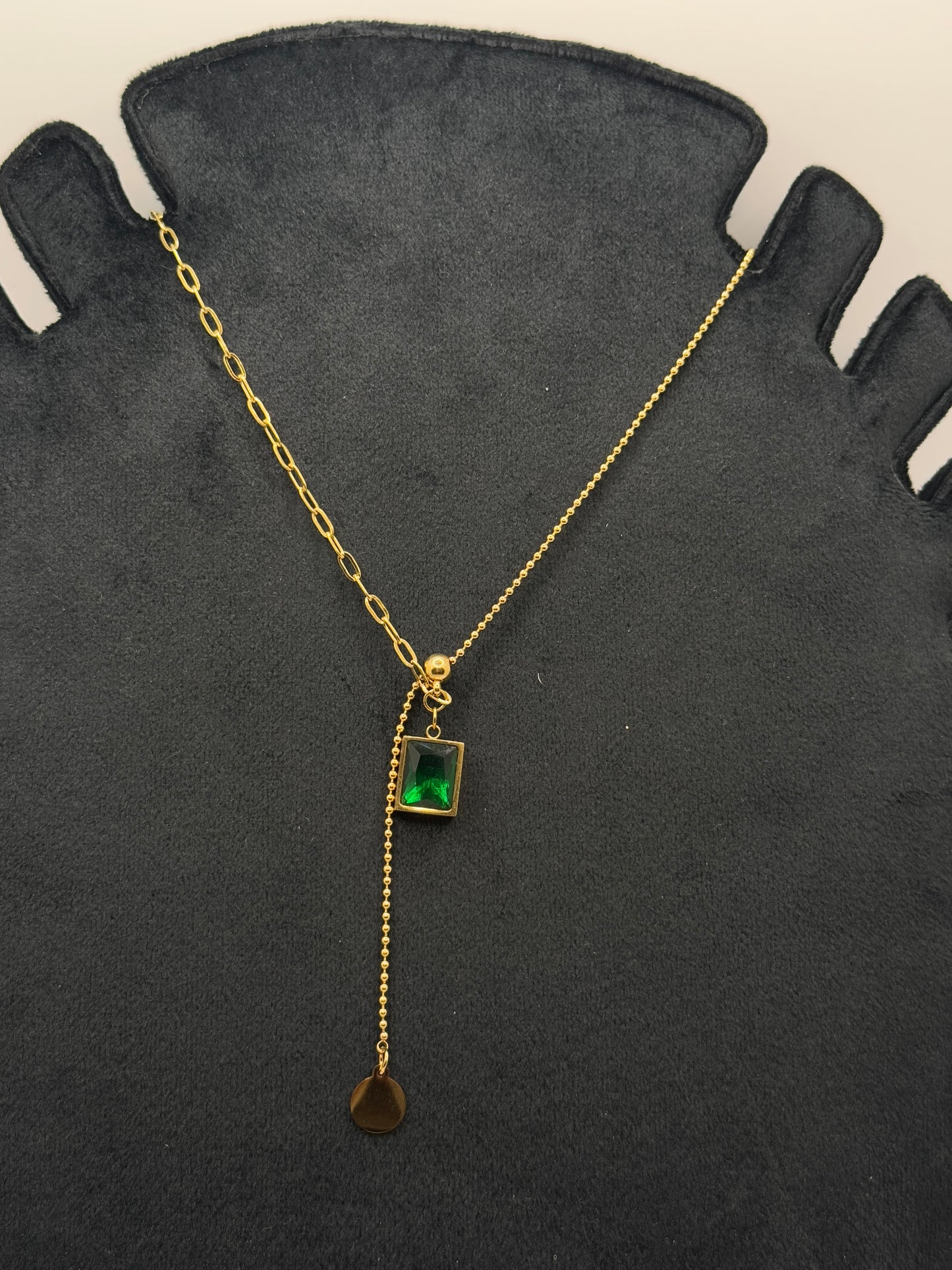 Gold Tone Y-Lariat Necklace with Emerald Green Gemstone