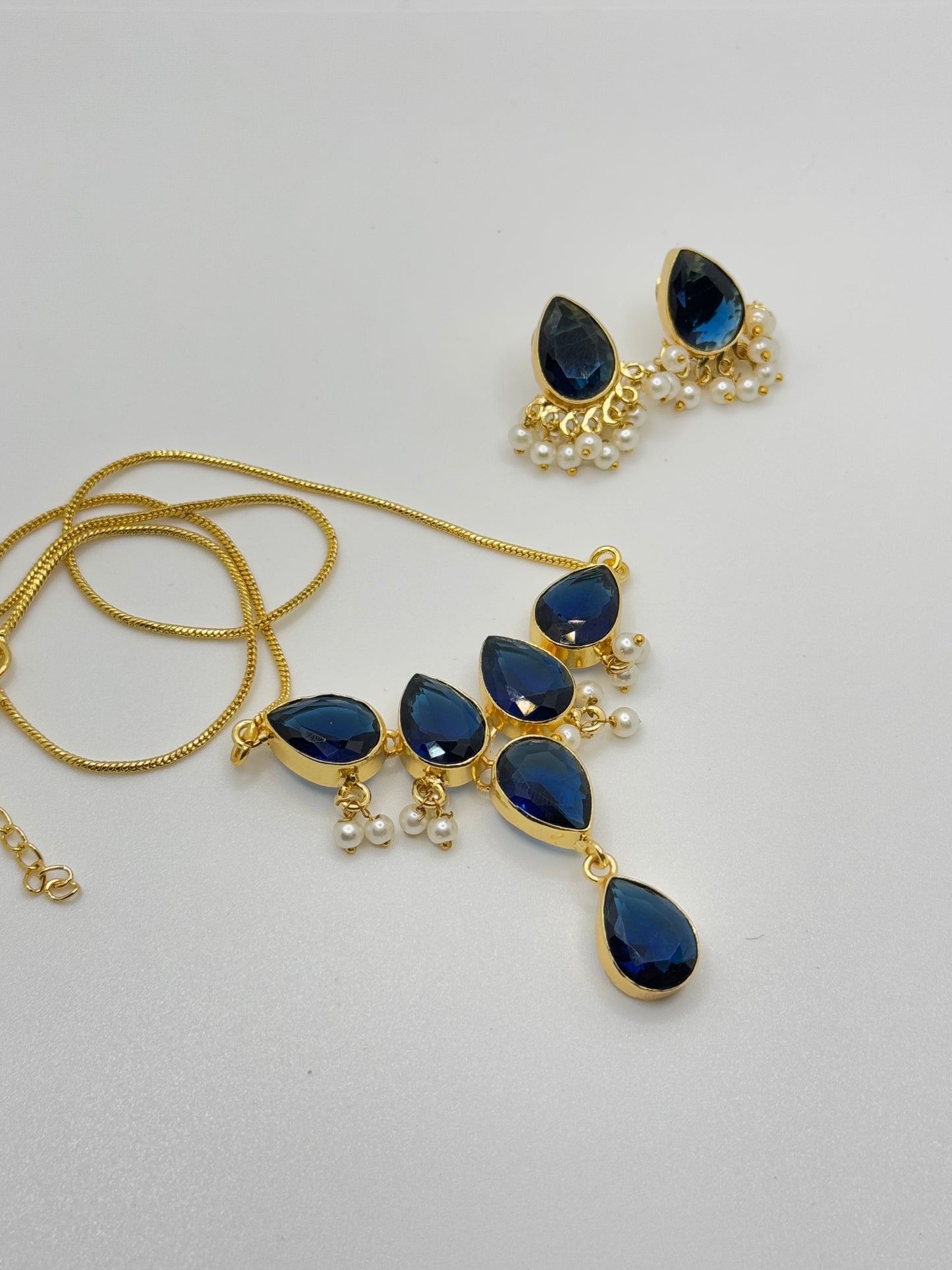 Deep Blue Teardrop Stone Necklace and Earring Set with Pearl Accents