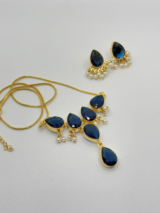 Deep Blue Teardrop Stone Necklace and Earring Set with Pearl Accents