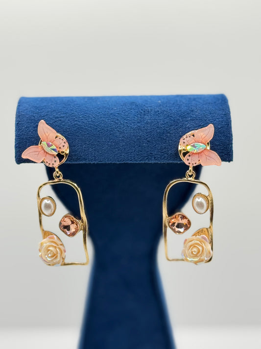 Pastel Pink Butterfly & Rose Drop Earrings