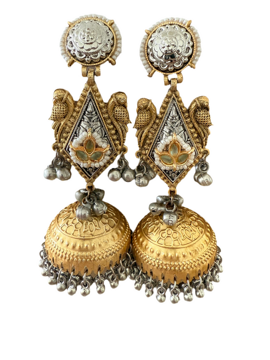 Exquisite Dual-Tone Jhumka Earrings with Light Green and Pearl