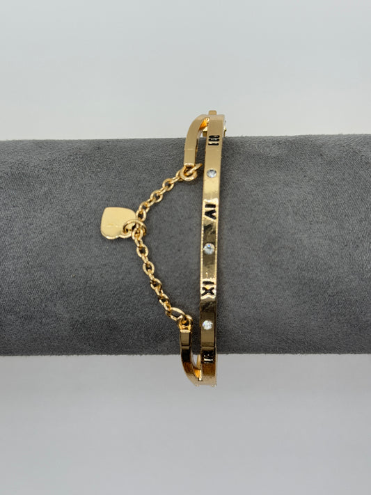 Gold Tone Roman Numeral Bangle Bracelet with Heart Charm