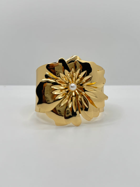 Gold Plated Floral Cuff with Pearl Accent Bracelet