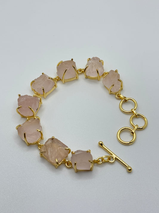 Pink Raw Rose Quartz Stone Gold Bracelet with Toggle Clasp