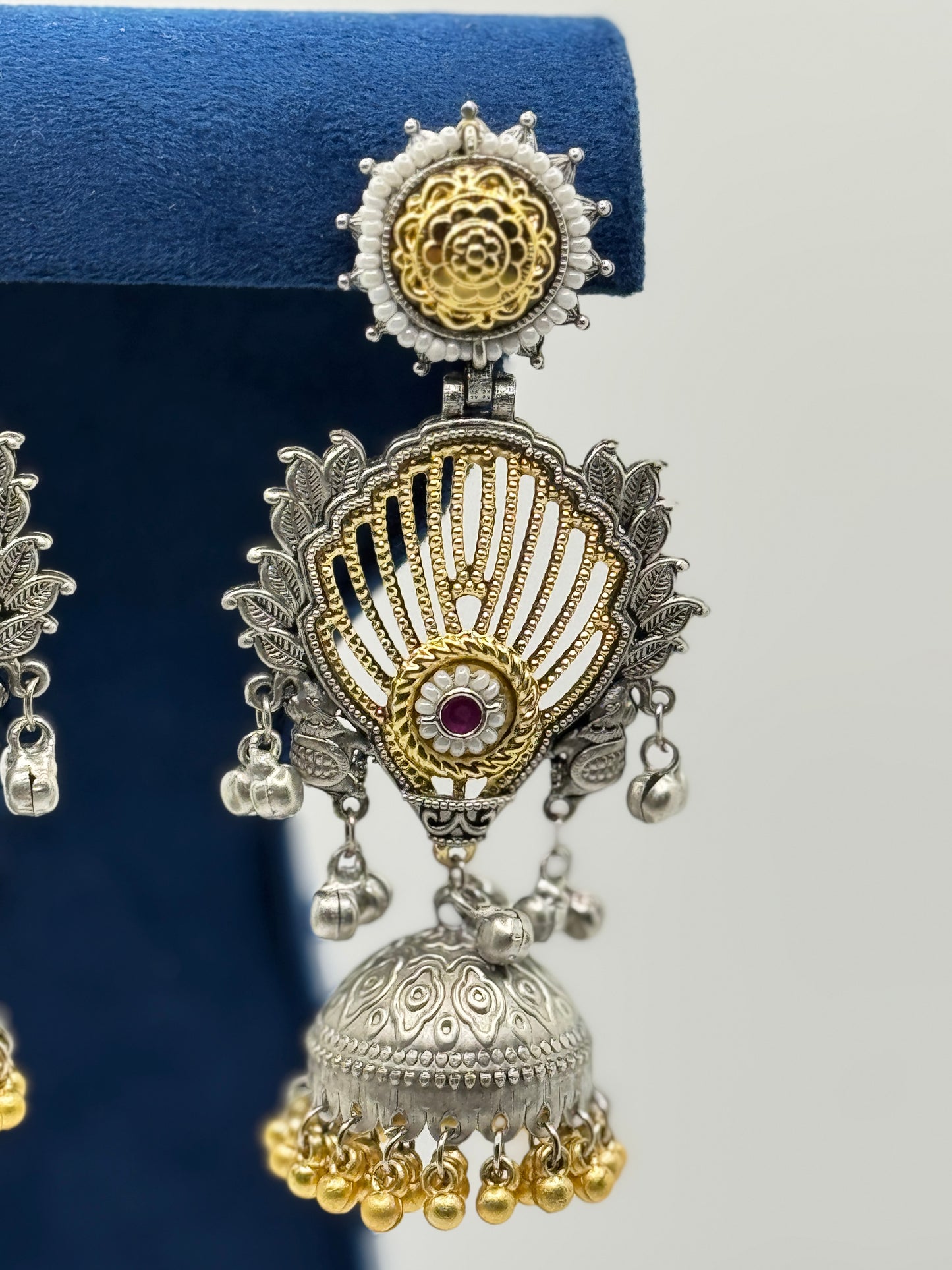 Blue Stone Fan-Design Dual-Tone Jhumkas