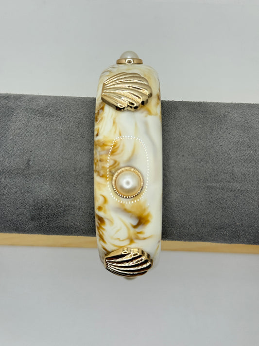 White Resin Bangle with Gold Shell and Pearl Accents