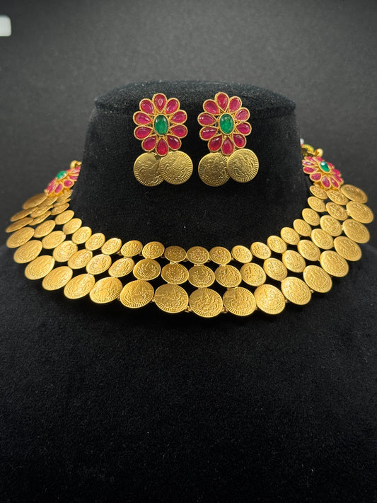 Traditional Lakshmi Devi Gold Coin Choker Necklace Set
