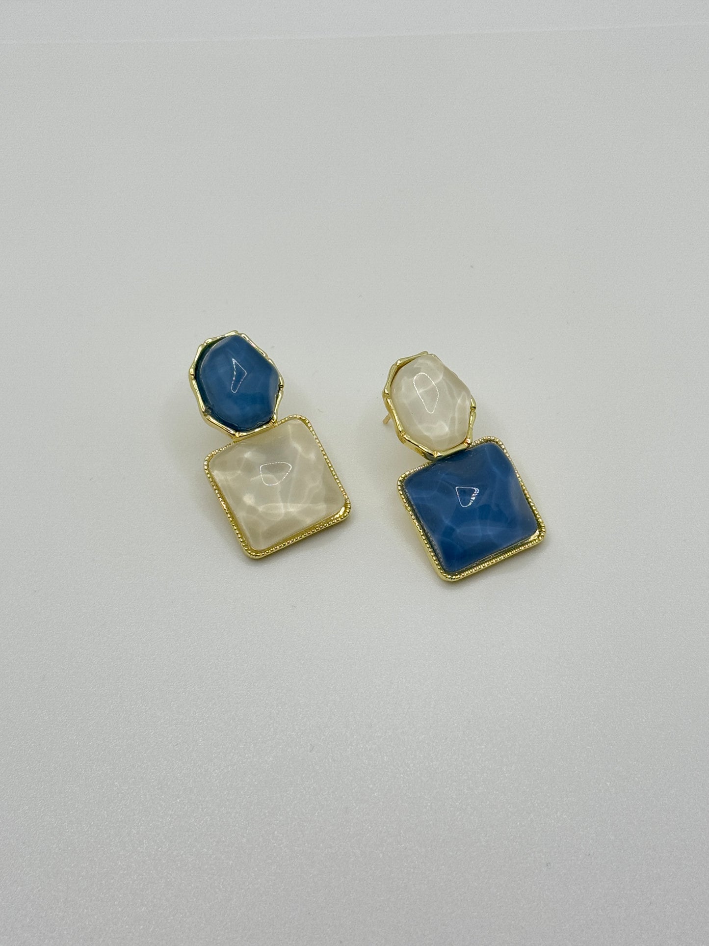 Gold-Toned Dual Stone Drop Earrings - Blue & Ivory