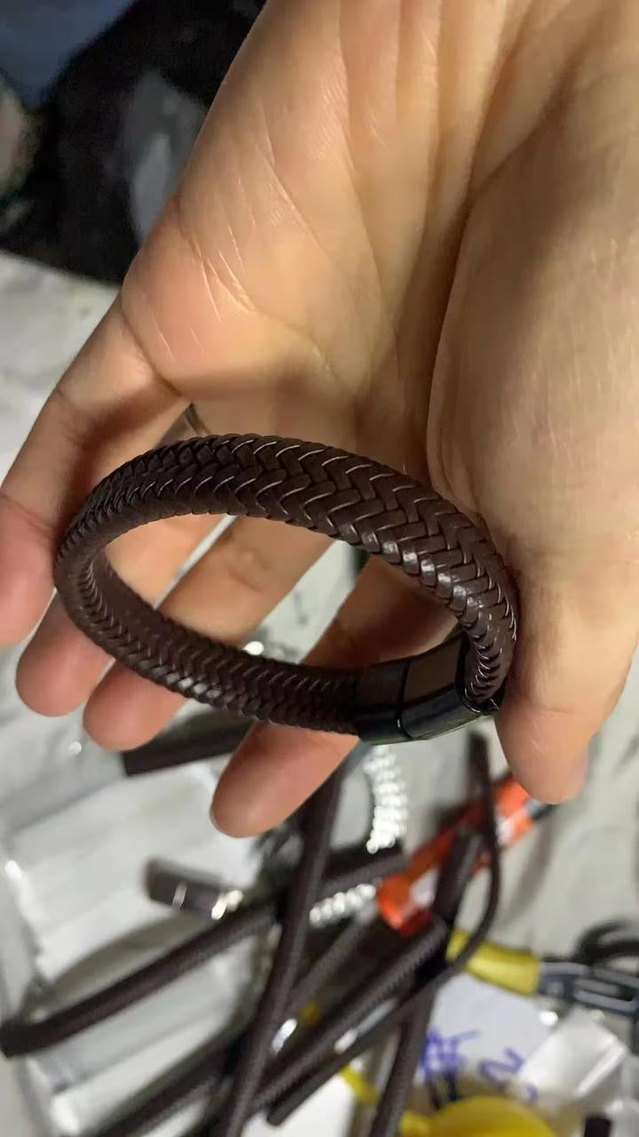 Retro woven leather mens bracelet with magnetic buckle