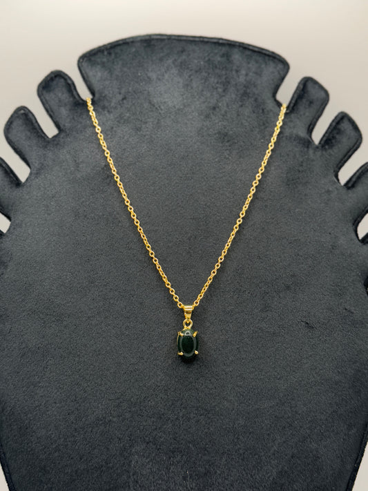 Gold Chain Necklace with Oval Dark Gemstone Pendant