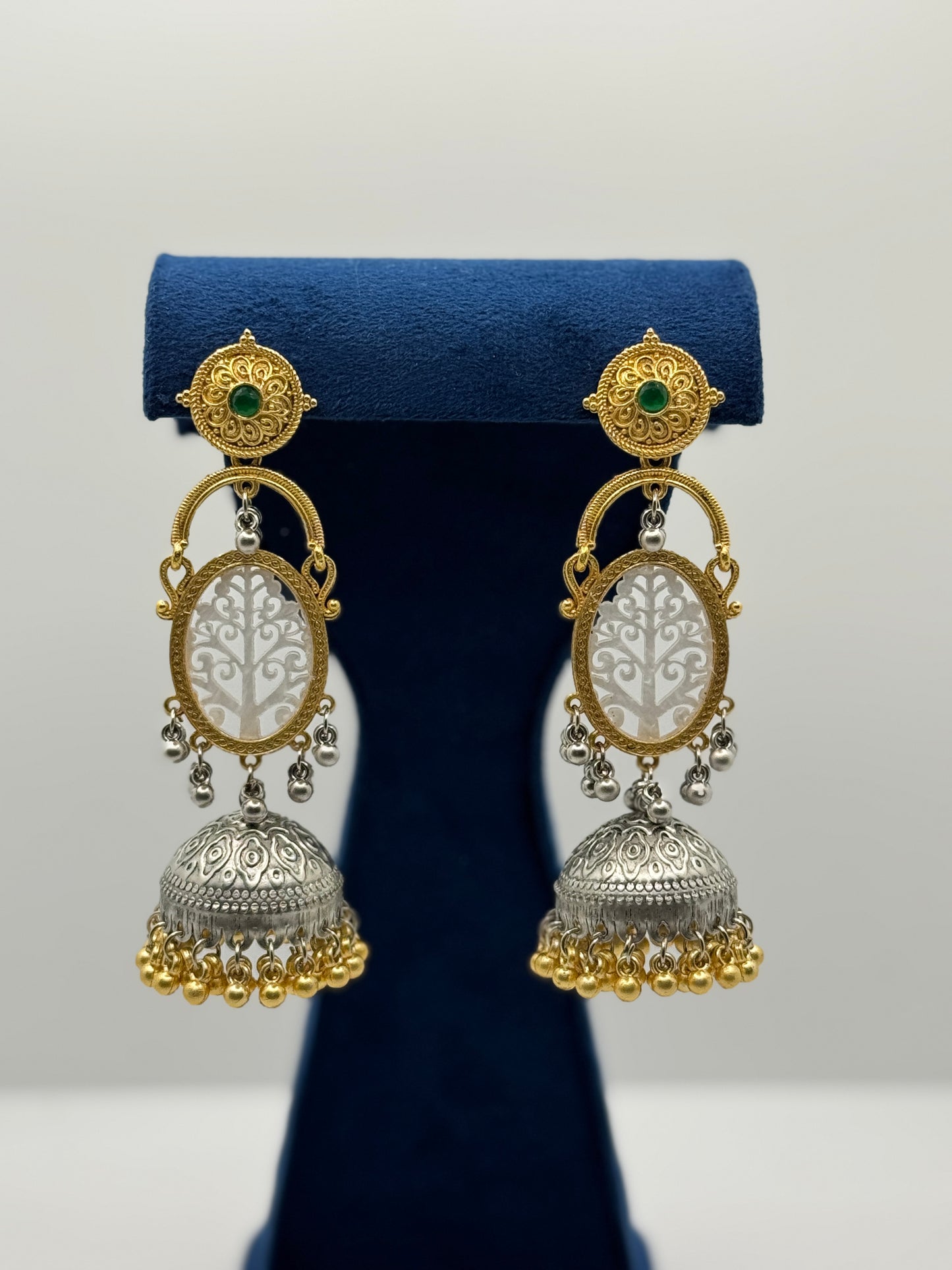 Green Stone Dual-Tone Tree Jhumkas