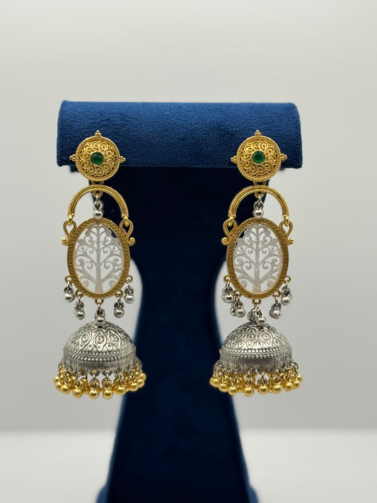 Green Stone Dual-Tone Tree Jhumkas