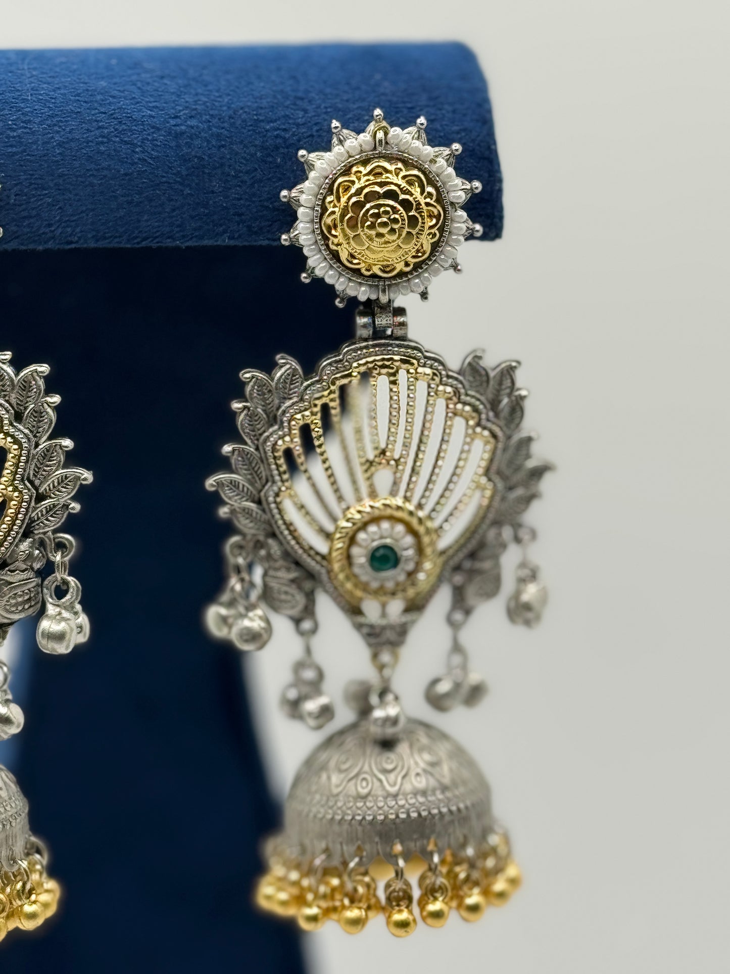 Green Stone Fan-Design Dual-Tone Jhumkas