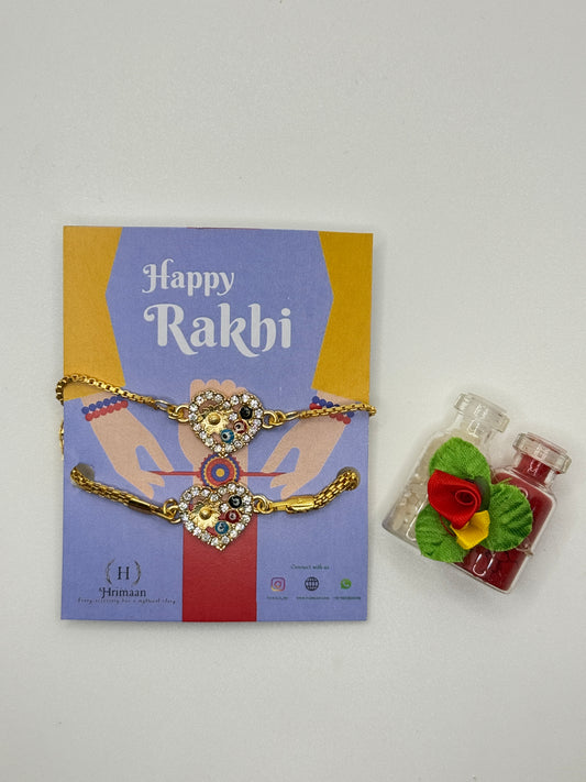 Evil Eye Duo Charm Rakhi for Bhaiya bhabhi  with kumkum and rice– Gold-Toned Protection Set