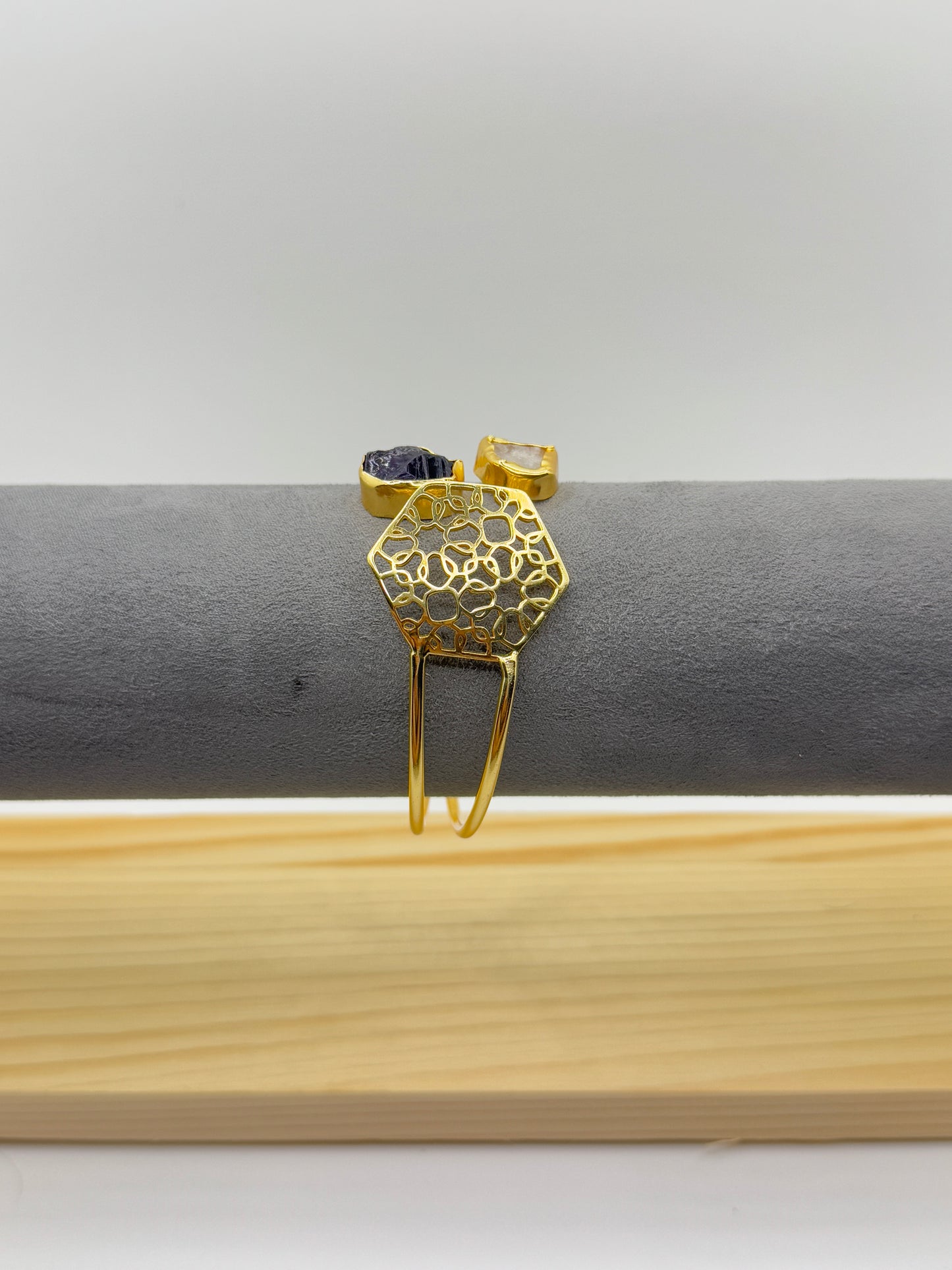 Dual Aura Hex Stone Cuff Bracelet