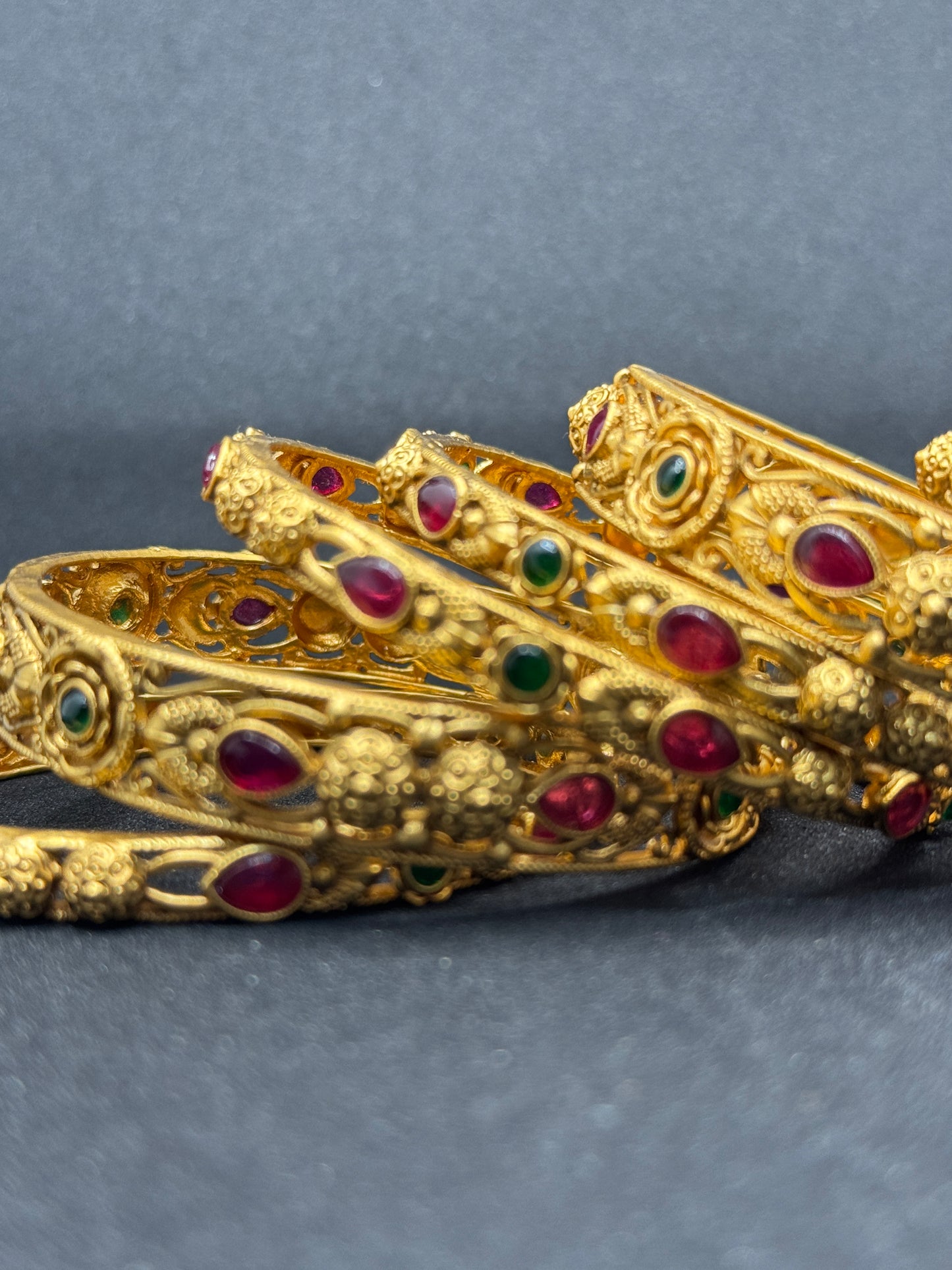 Set of 6 Antique Gold Plated Bangles with Ruby & Emerald Stones 2*6